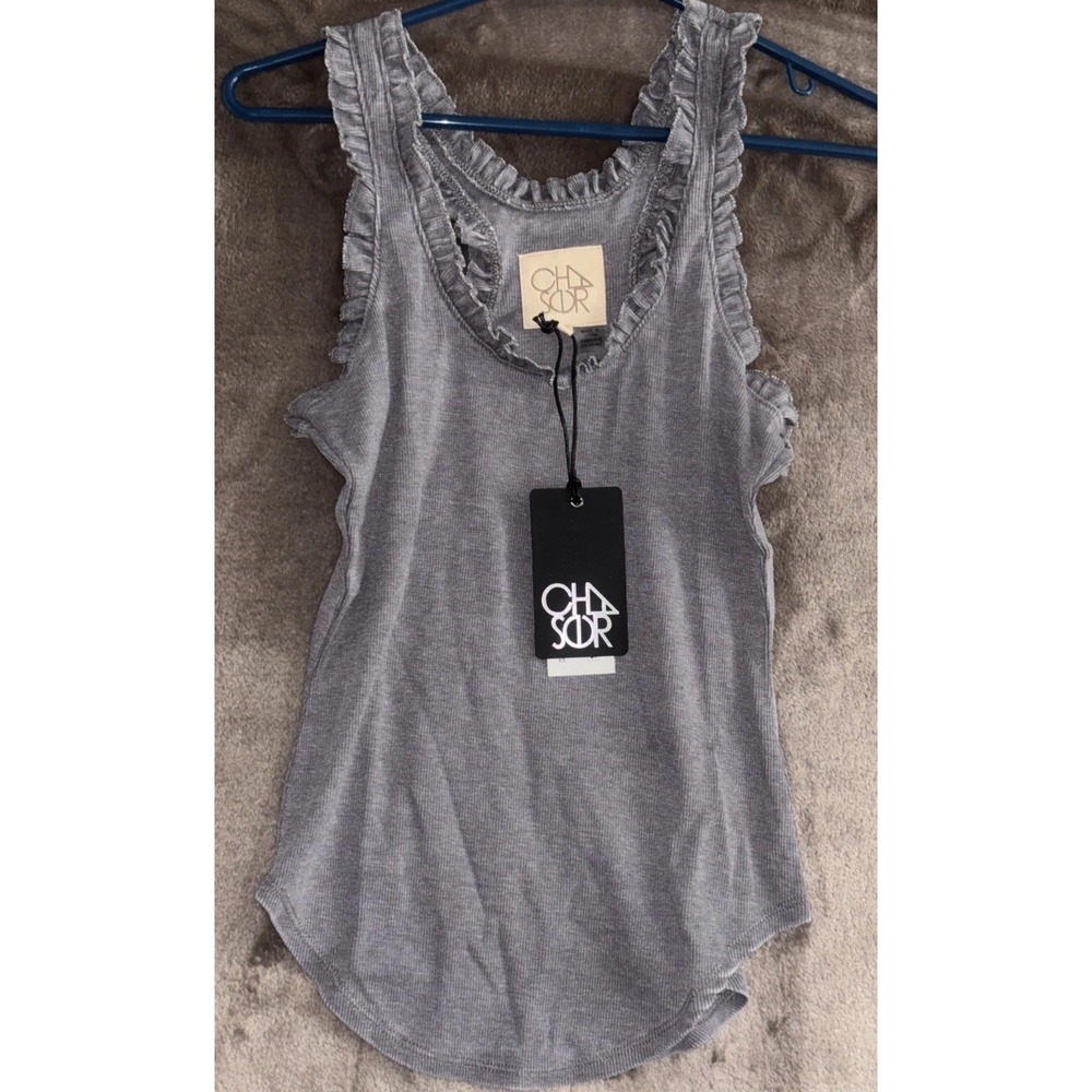 Chaser Rib Knit Tank Top Womens XS Gray Cotton Ruffle Trim Scoop Neck Wide Strap
